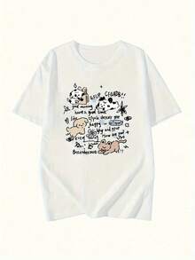 Cute Y2K Summer Top. 1pac. Cute Y2K Summer Top. 100% Cotton. Cute Cartoon Dog And Letter Print Short-Sleeve T-Shirt, Crew Neck, Women's Spring/Summer Top, Unisex Style, Couples Top. Perfect For A Casual Look. - 白色 - 查看 2