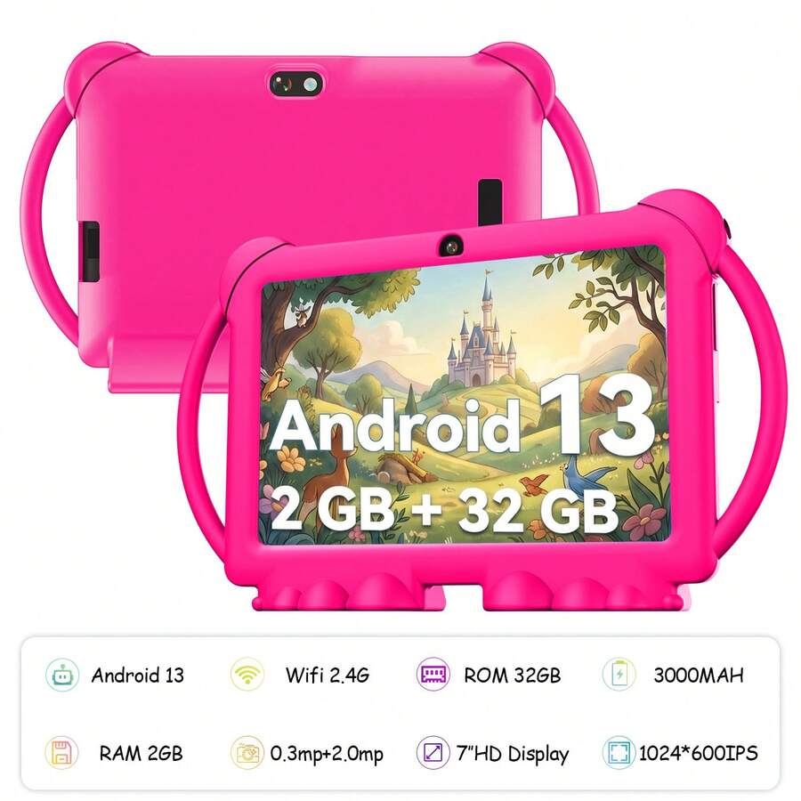 Qetupa 7英寸卡通安卓13儿童平板电脑,A133四核1.6GHz处理器,2GB RAM + 32GB ROM,1024*600 IPS触控屏,3000mAh电池,0.3MP + 2.0MP双摄像头,2.4G 802.11b WiFi,带家长控制功能,内置教育游戏,配备防震保护套 - 粉色 - 查看 1