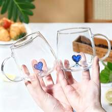 2個裝 400ml 高硼矽玻璃馬克杯，藍色/粉色心形鑲嵌玻璃杯組，適用於咖啡、牛奶、果汁，適合居家、餐廳、咖啡廳，父親節、母親節、情人節、復活節的絕佳禮物 - 彩色 - 查看 2
