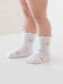 3 Pairs Children's Ruffle Flower Trim Calf Socks, Mesh Breathable Ribbed Baby Socks, Elegant Little Princess Socks - Multicolor - View 2