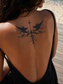 1pc Herbal Dark Style Symmetrical Wings Cross-Totem Pattern Tattoo Sticker, Temporary Tattoo Sticker, Simulated Tattoo Design, Suitable For Travel, Music Festival, Games, Graduation Gifts, Lasts For 7-14 Days - Black - View 3