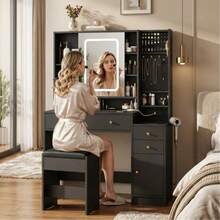 Multifunctional Dressing Table With Mirror, Lights And Chair, 4 Drawers - Black - View 1
