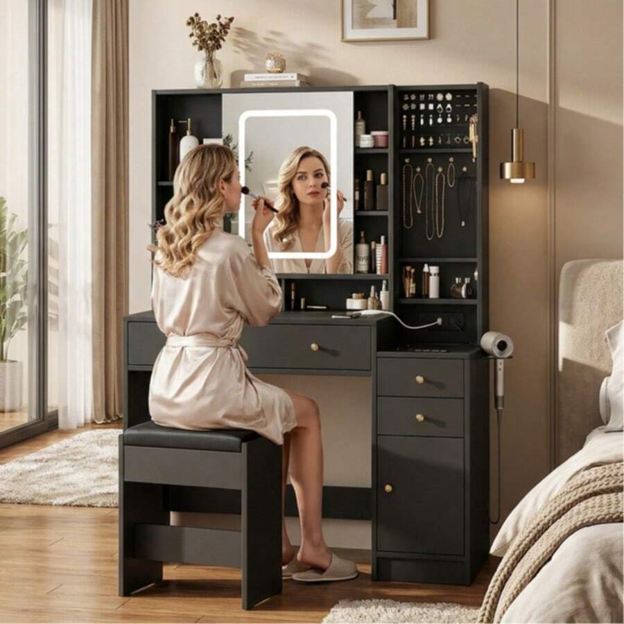 Tocador de Maquillaje Negro con Espejo LED, Mueble de Maquillaje con Cajones, Armario para Joyas y Taburete para Dormitorio Multifuncional Tocador Con Espejo Luces Y Silla 4 Cajones - Negro - Ver 1