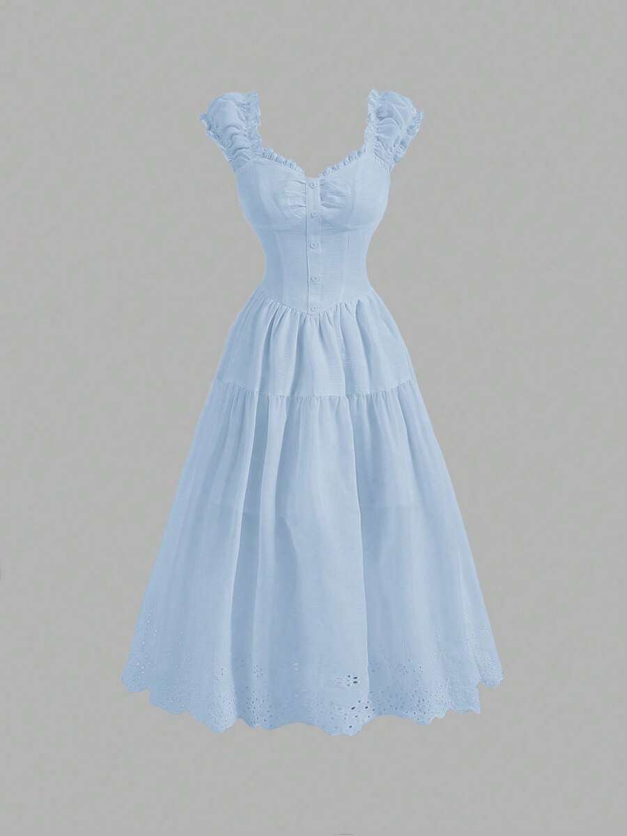 Vestido midi elegante de vacaciones y con cintura ceñida, estampado floral, volantes y encaje en parches, de una sola hilera de botones para mujer - Celeste - Ver 1