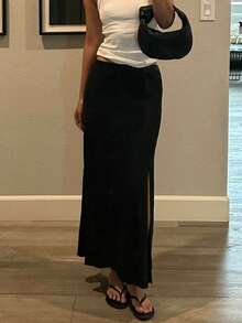 女款優雅黑色長開衩直筒裙，適合春夏秋冬，百搭於外出、辦公室穿搭、度假及六月派對 - 黑色 - 查看 5