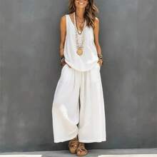 2026 New Women's Cotton-Linen Solid Color V-Neck Vest And Trousers Two-Piece Set - Khaki - View 3