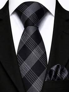Men's Classic Pattern Tie And Pocket Square Set, Formal Occasion Wedding Business Banquet Party Decorative Accessories - Black - View 1