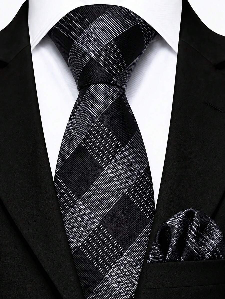 Men's Classic Pattern Tie And Pocket Square Set, Formal Occasion Wedding Business Banquet Party Decorative Accessories - Black - View 1