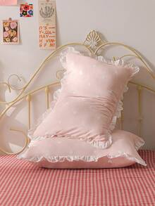 1pc 100% Polyester Heart Lace Pattern Pillowcase, Without Pillow Insert, Romantic Wedding Season, Bedroom Decor - Multicolor - View 1