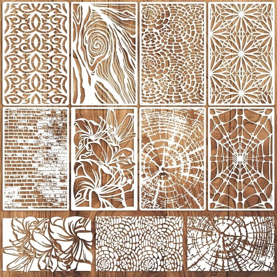 8 piezas de plantillas reutilizables con textura de patrón geométrico para manualidades de 11x8 pulgadas - Perfectas para álbumes de fotos DIY, tela, vidrio y proyectos de pintura, patrón reutilizable, plantillas de pintura - Conjuntos - Ver 1
