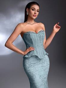 AMILUCK Women's Elegant Luxury Strapless Neckline Hand-Beaded, Boned Ruffle Hem Bandeau Backless Fitted 2 In 1 Evening Gown, Formal Party Wedding Guest Dress - Baby Blue - View 4