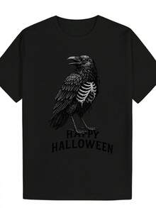 Chemise décontractée avec motif corbeau et texte "Happy Halloween" - Chemise col rond douce, confortable et polyvalente pour un port décontracté, cadeau parfait pour les hommes, chemise d'Halloween, vêtement festif, coupe confortable. - Noir - Voir 3