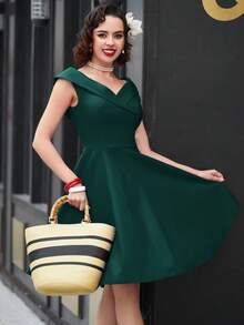 MUXXN 女款優雅綠色A字中長洋裝，無袖V領喇叭下擺，適合正式場合或伴娘禮服，夏季穿著 - 墨綠色 - 查看 7