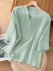 Women's Spring/Summer 100% Cotton Solid Color Vintage Embroidered Loose Casual Linen Blouse, Versatile For Commute, Holiday, Elegant Embroidered Cotton Shirt - Mint Green - View 6