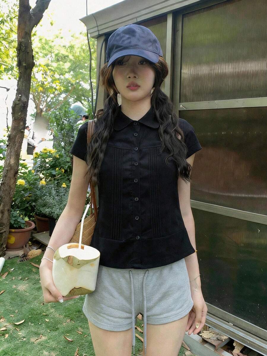 可愛彼得潘領收腰短袖女款上衣,學院風百搭黑色夏季上衣,學院風 - 黑色 - 查看 1