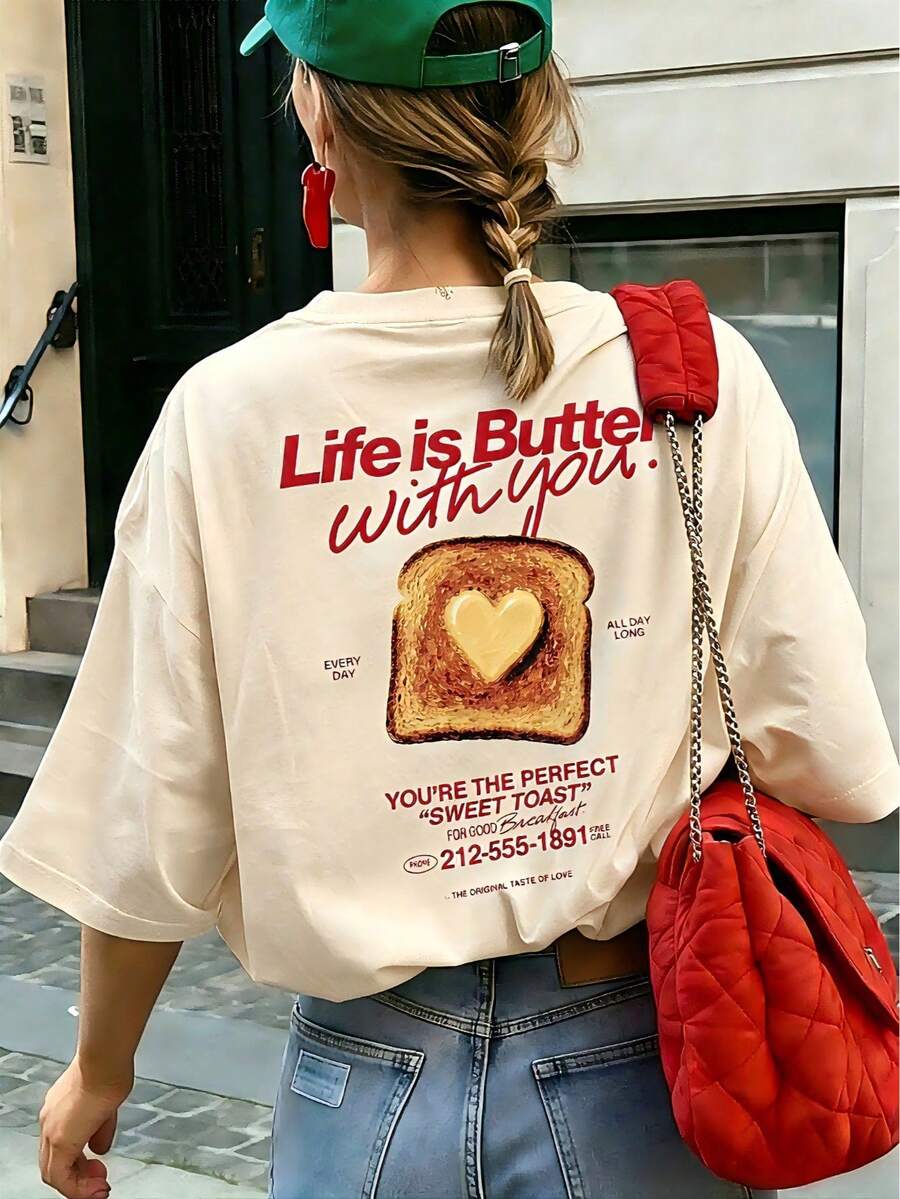 Breathable 1 Piece Women's Short Sleeve Round Neck Summer T-Shirt, White With English Letter Print, Loose Fit Casual Blouses For Young Women, Sweatshirts - 杏 - 查看 1