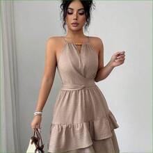 . .  Vestido mini ajustado y acampanado sin mangas con lazo elegante y cuentas para mujer, color caqui, primavera/verano - Naranja Quemada - Ver 8