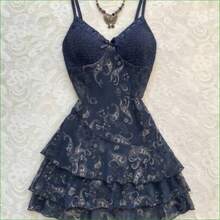 . .  Vestido de mujer, estampado de flor de anacardo y malla con contraste de colores, para resort - Azul marino - Ver 1