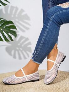Women's Mesh Square Toe Flat Shoes, Outdoor Casual Wedding Party Breathable Hollow Out Ballet Loafers - White - View 3