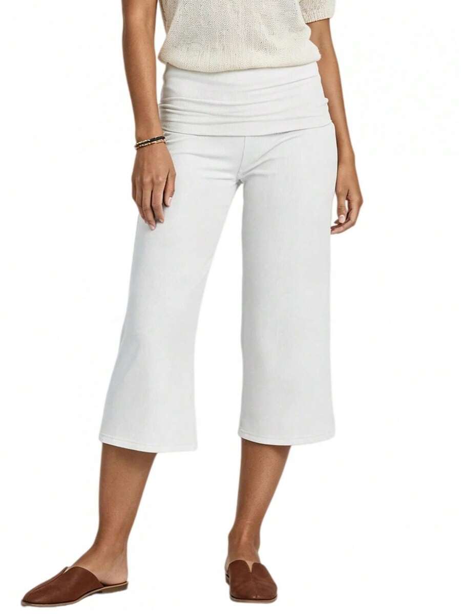 Womens Wide Leg Capris Casual Fold Over Waist Stylish Solid Color Mid Rise Cropped Pants - White - View 1