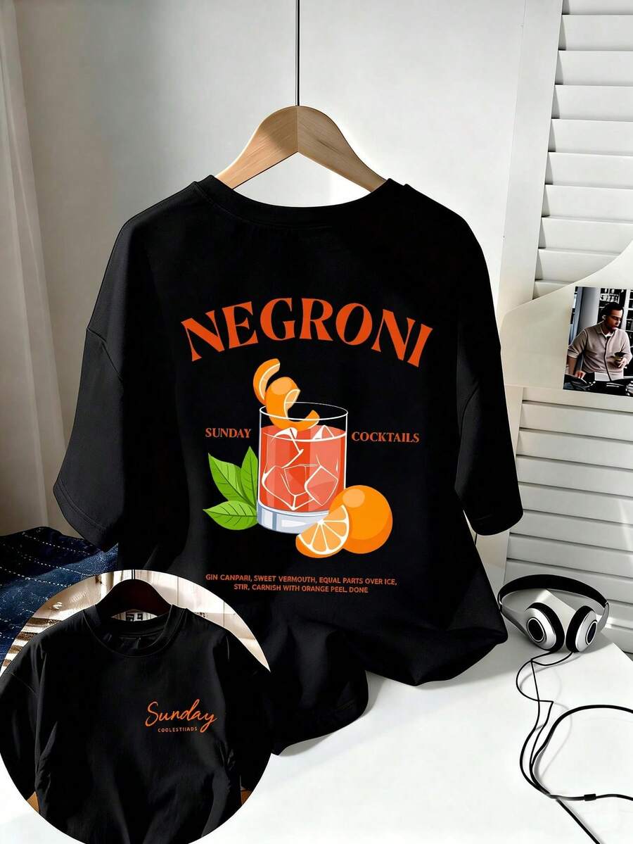 Camiseta para hombre con estampado de cóctel Negroni Sunday: estilo retro informal, confeccionada en algodón puro, manga corta, cómoda para la calle y actividades al aire libre, perfecta para el verano. - Negro - Ver 1