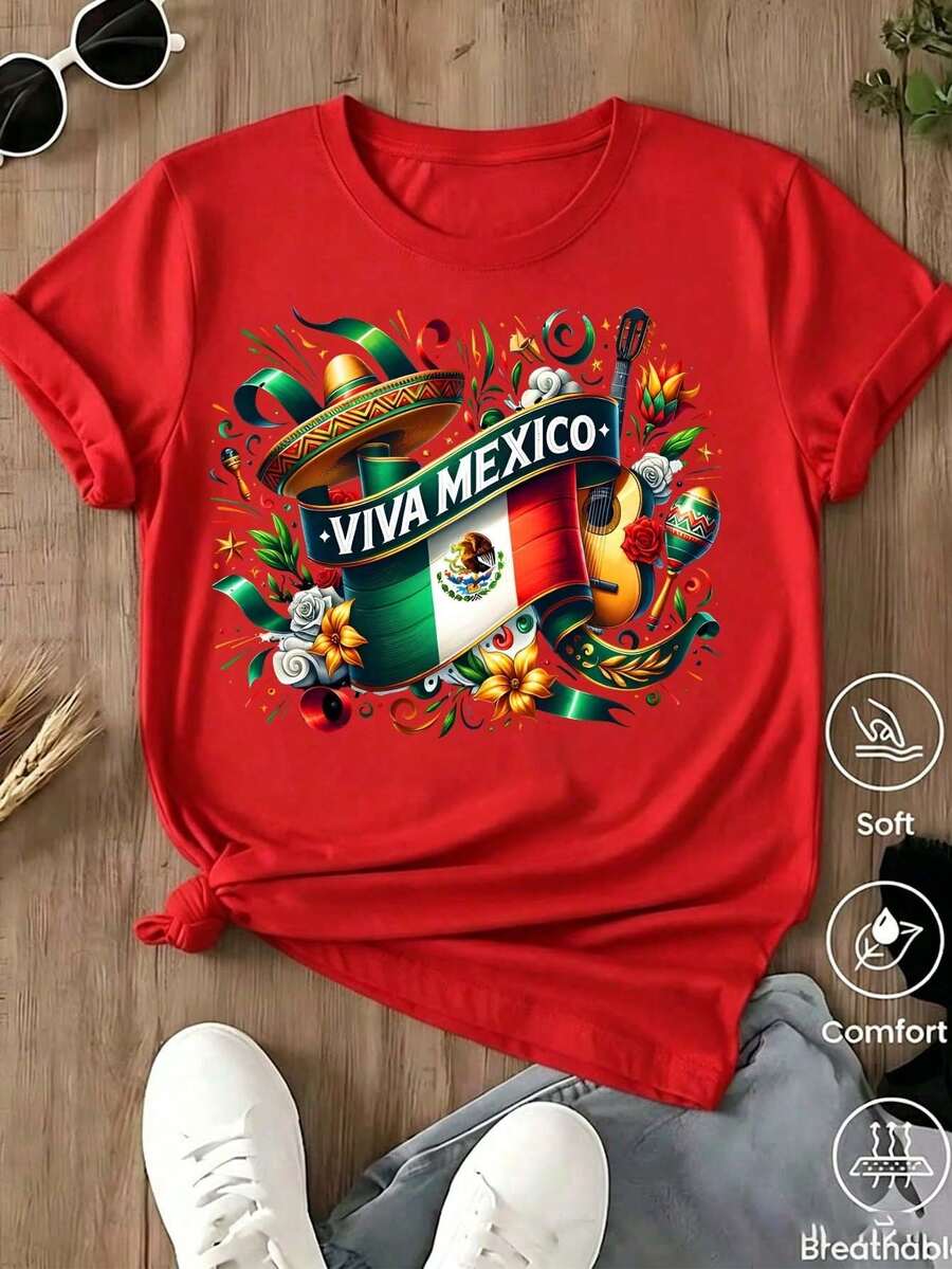 Women's Printed T-Shirt, Lightweight, Breathable, Comfortable, And Versatile. 100% Cotton, Cool And Airy, Machine Washable. Stylish Summer Wear With A Modern, Urban Feel. - 紅色 - 查看 1