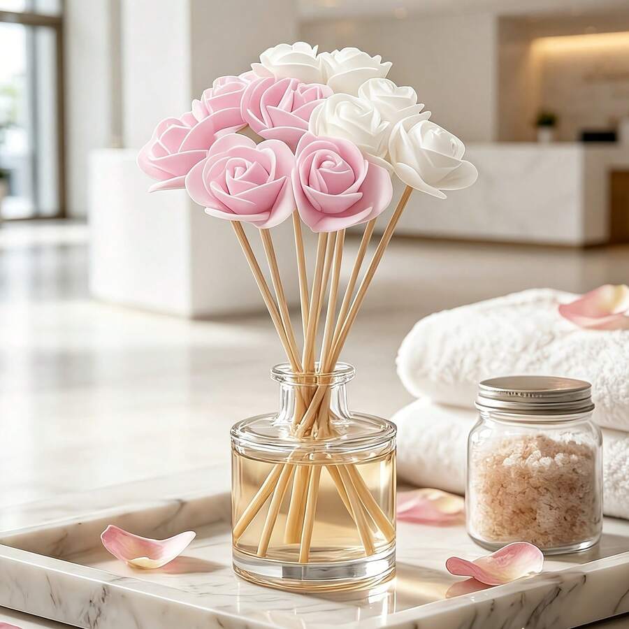 25pcs Pink And White Flower Aromatherapy Diffuser Sticks Set (Unscented) - Pink + White (12 Aromatherapy Sticks + 12 Artificial Flowers + 1 Bamboo Skewer) - View 1