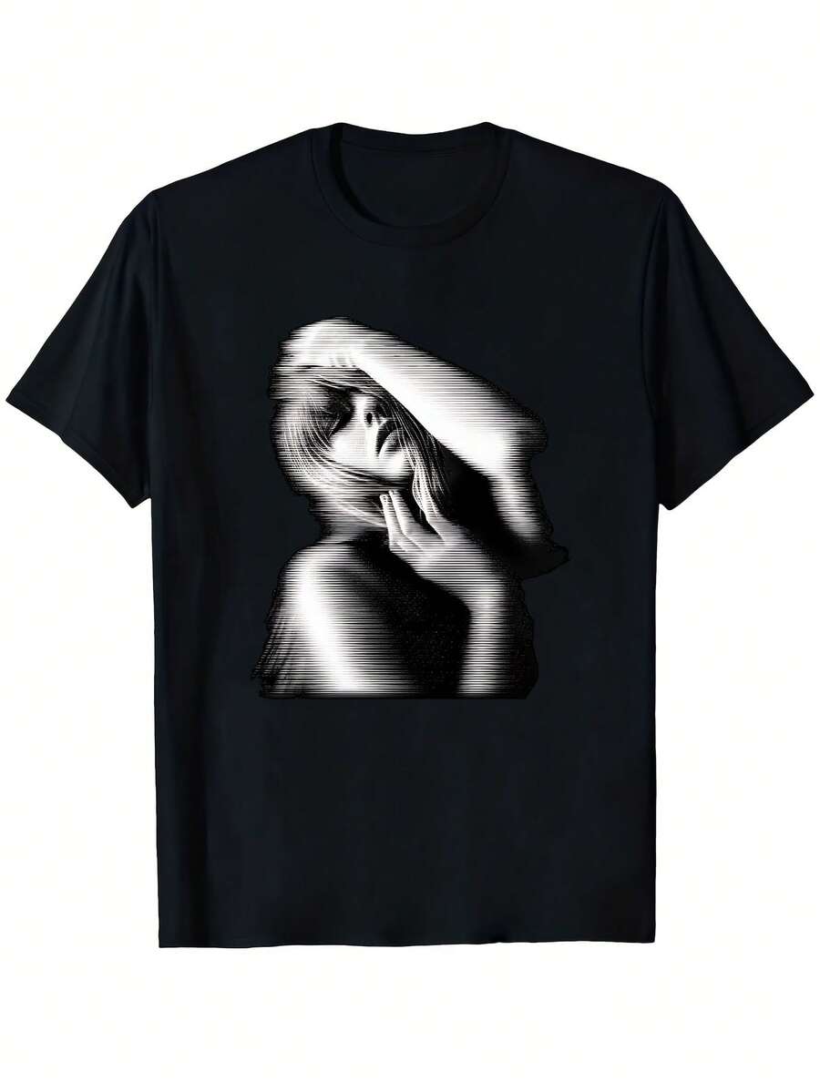 100% Cotton. Casual Short Sleeve Printed T-Shirt. 1pacTS Solid Black Portrait Graphic T-Shirt, Heat Transfer Print, Crew Neck, All Seasons, Regular Fit, Suitable For Concerts, Valentine's Day Gifts For Couples, Pink, Unisex, Collection. Spring Summer Top - 黑色 - 查看 1