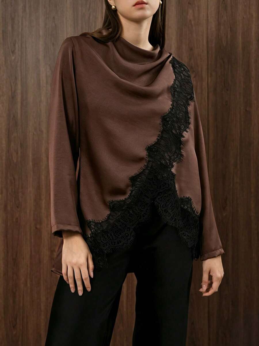 女款優雅通勤蕾絲拼接不對稱長袖上衣,純色蕾絲拼接不對稱/不對稱設計,適合辦公室日常約會 - 咖色 - 查看 1
