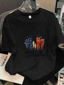 Top de mujer de manga corta y cuello redondo con estampado de un mapa del estado de Texas con estrellas, apto para todas las estaciones. - Negro - Ver 1