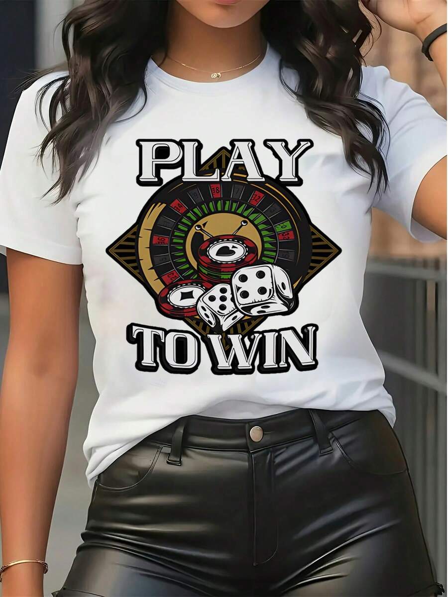 Women's Pure Cotton Short-Sleeve T-Shirt Casual Relaxed Fit Graphic Tee With 'Play To Win' Casino Roulette Dice Snake Print Summer Top Breathable Soft Fabric Daily Wear Holiday Gift For Her Christmas New Year Present Ideal For European Holiday Celebrations Fashionable Comfortable Tee Perfect For Gifting Or Personal Use - White - View 1