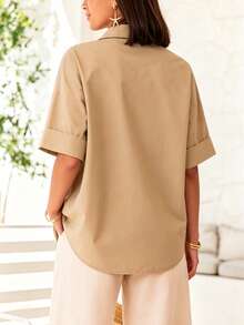 Nueva llegada Camisa de manga corta holgada con botón de estrella de mar popular, blusa de unicolor casual para mujer, verano - Camel - Ver 2