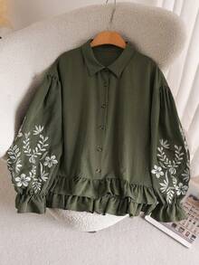 CosyJoli Blusa vintage informal bordada de manga larga con botones delanteros para mujer, talla grande, camisa vintage, camisa estampada verde, blusa con mangas farol, blusas para mujer, blusas verdes - Verde militar - Ver 1