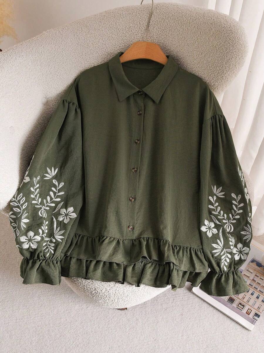 CosyJoli Blusa vintage informal bordada de manga larga con botones delanteros para mujer, talla grande, camisa vintage, camisa estampada verde, blusa con mangas farol, blusas para mujer, blusas verdes - Verde militar - Ver 1