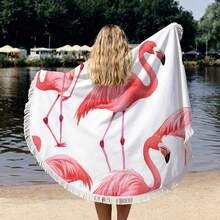 1pc Summer Flamingo Pattern Oversized Beach Towel, Round Beach Blanket, Home Decor, Suitable For Beach, Swimming Pool, Camping And Travel, Ultra Comfortable - Style5 - View 8