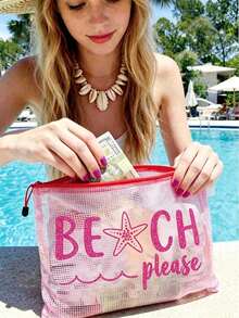 防水時尚海灘包，印有「Beach Please」海星圖案，大容量，透明設計，尼龍拉鍊，輕巧耐用，適合春夏季收納，適用於游泳、海灘、潛水、夏季度假、開學季。輕便防曬收納袋，送給朋友、家人、閨蜜、同學的完美禮物 - 彩色 - 查看 11