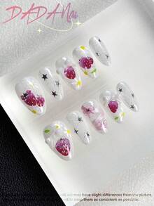 10 pièces de faux ongles à coller de forme amande moyenne, art des ongles d'été, faux ongles blancs pailletés, art des ongles peint à la main avec fraise, marguerite, nœud et étoile argentée, finition brillante, ongles acryliques réutilisables, convient pour un port quotidien - Multicolore - Voir 2
