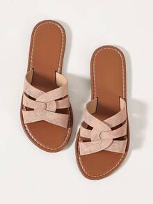 Ximi Ruo Summer Women's Korean Style Casual Flat Slides Shoes Outdoor Open Toe Sandals Spring Autumn New Woven Roman Sandals, Holiday Essential, Brown - Pink - View 6