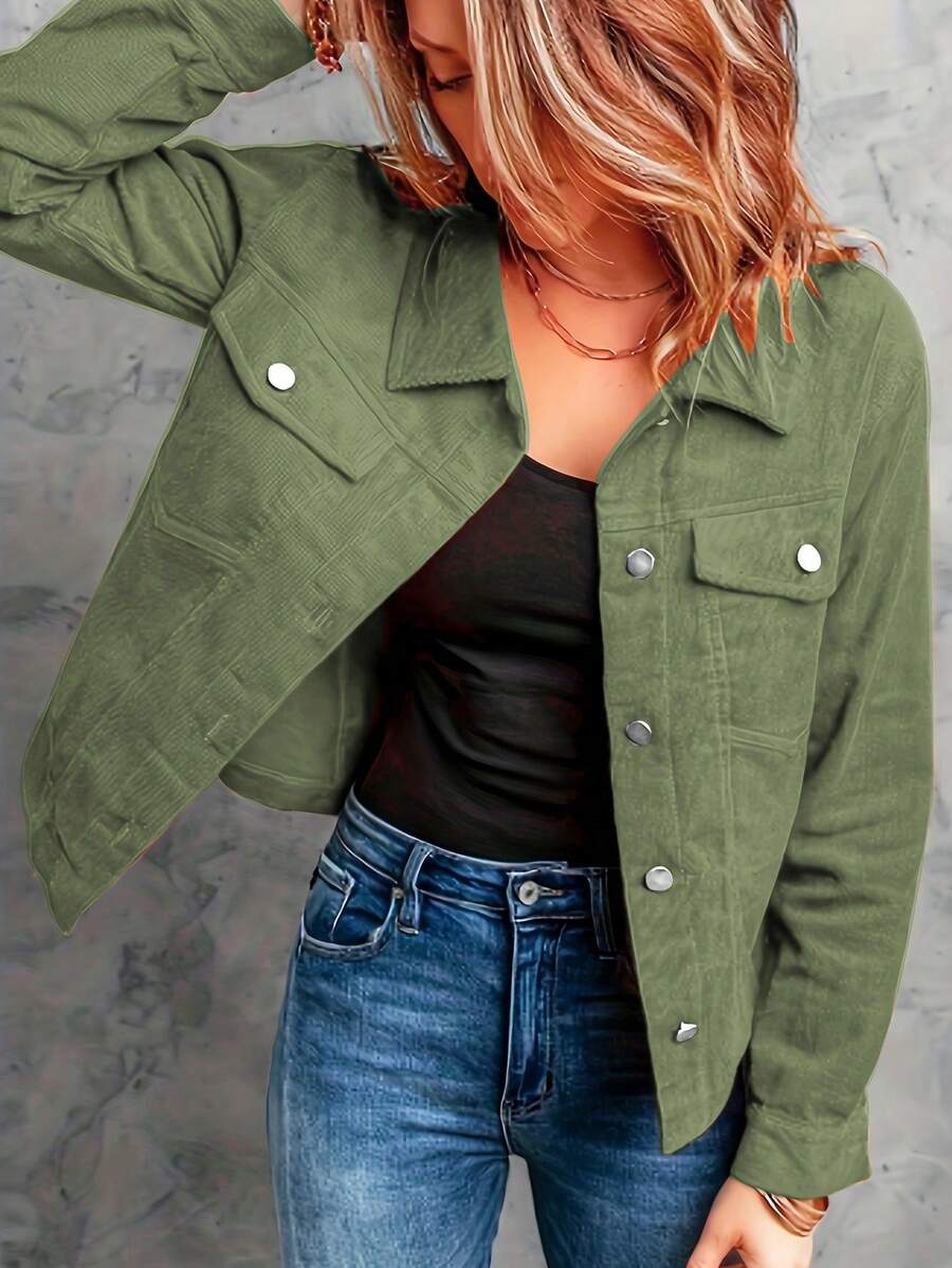 Women's Loose Top Solid Color Corduroy Jacket Casual Button Up Shirt - 軍綠色 - 查看 1