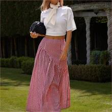 Falda de mujer con estampado romántico y dulce a cuadros de guinga - Rojo y blanco - Ver 2