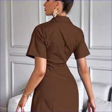 Vestido elegante de manga corta con cuello plegado de unicolor para mujer - Caqui - Ver 3