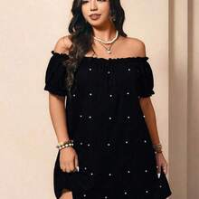 Vestido elegante de hombros descubiertos talla grande, diseño de cintura estilizante con decoración de perlas falsas, versátil para uso diario, ir al trabajo, fiestas, citas, sesiones de fotos - Negro01 - Ver 7