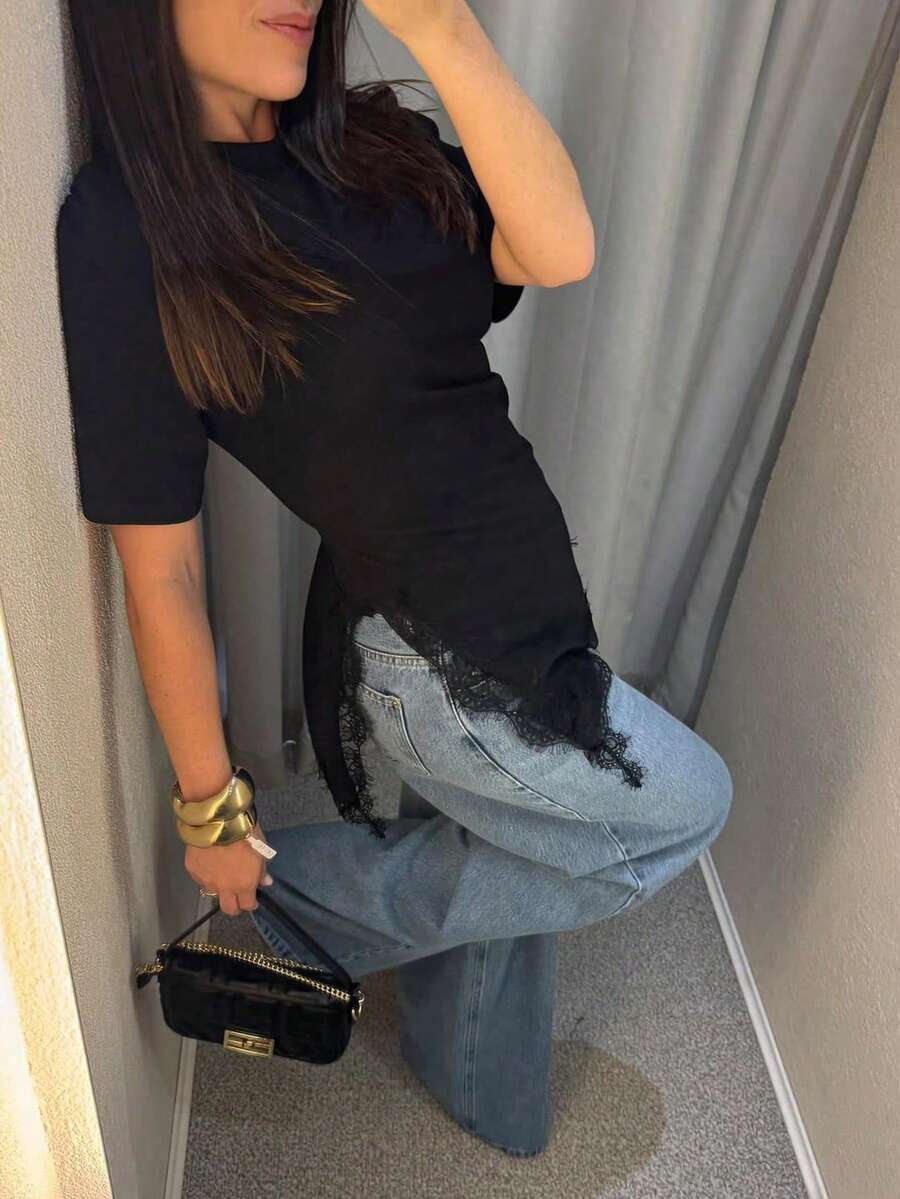 對比蕾絲飾邊純色不對稱女款T恤，適合日常穿著與返校季，春夏休閒款 - 黑色 - 查看 1