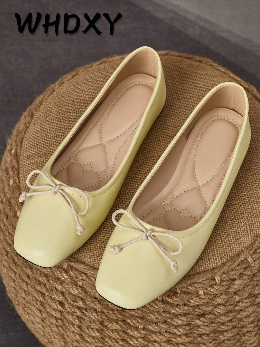 WHDXY Women's Soft-Soled Casual Shoes With Delicate Yellow Bow Accent, Square Toe Ballet Flats Suitable For Spring/Summer Outfits, Fashionable For Daily Wear And Dates - Yellow - View 1