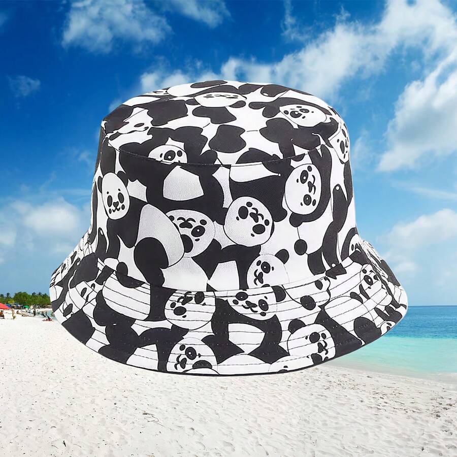 1pc New Panda Pattern Bucket Hat, Suitable For Gifts, Beach Travel, Reversible Design - Panda - View 1