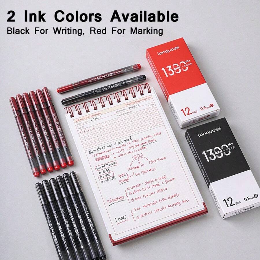 Large Capacity Gel Pen, 1300m+ Long Writing Length, Black & Red Ink Options, ST High-Precision Tip, Smooth Quick-Dry Ink For Clean Writing, Minimalist Visible Ink Barrel For School, Office & Study Use - 12Pcs/Set - View 1