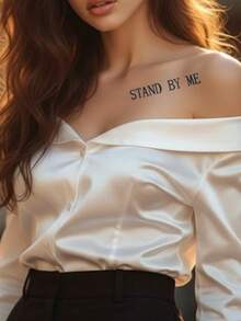 1pc Herbal Simple Retro English Short Sentence "STAND BY ME" Font Pattern Tattoo Sticker, Temporary Tattoo Sticker, Simulated Tattoo Design, Suitable For Travel, Music Festival, Games, Graduation Gifts, Lasts For 7-14 Days - Black - View 3