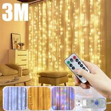 300 个 LED 圣诞窗帘灯 - 9.8 英尺 USB 供电仙女灯串，8 种模式，非常适合室内庆祝、卧室、节日和派对（不含电池），3M*3M，适合万圣节、情人节、婚礼、生日派对 - USB窗簾燈 - 查看 4