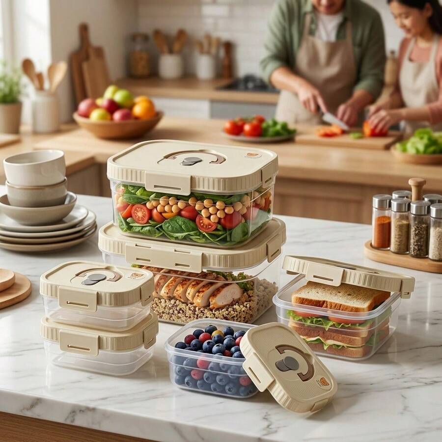 多功能透明塑料分格食物儲存盒,冰箱多格密封保鮮盒附蓋,大容量可重複使用蔬菜水果食材容器,微波爐可加熱,廚房食物儲存與整理 - 彩色 - 查看 1