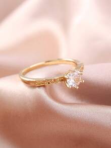 Nooxian 1pc Transparent Round Cubic Zirconia Ring - Yellow Gold - View 2